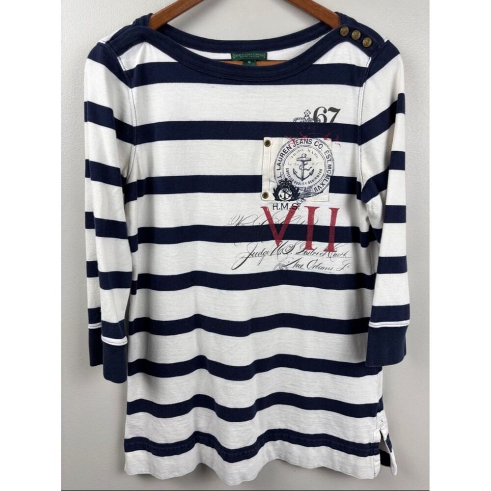 Ralph Lauren Navy & White Striped Long-Sleeve Nautical Patch Top MEDIUM